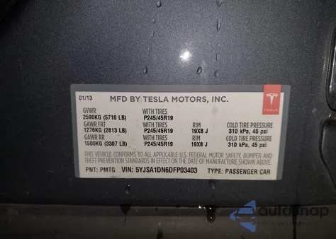 2013 Tesla Model S из США, поврежденный, VIN 5YJSA1DN6DFP03403